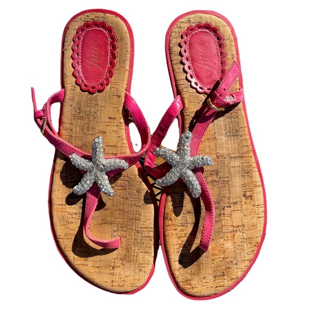Juicy Couture Bling Flat Sandals Hot Pink starfish lined with cork sz 9 Barbie